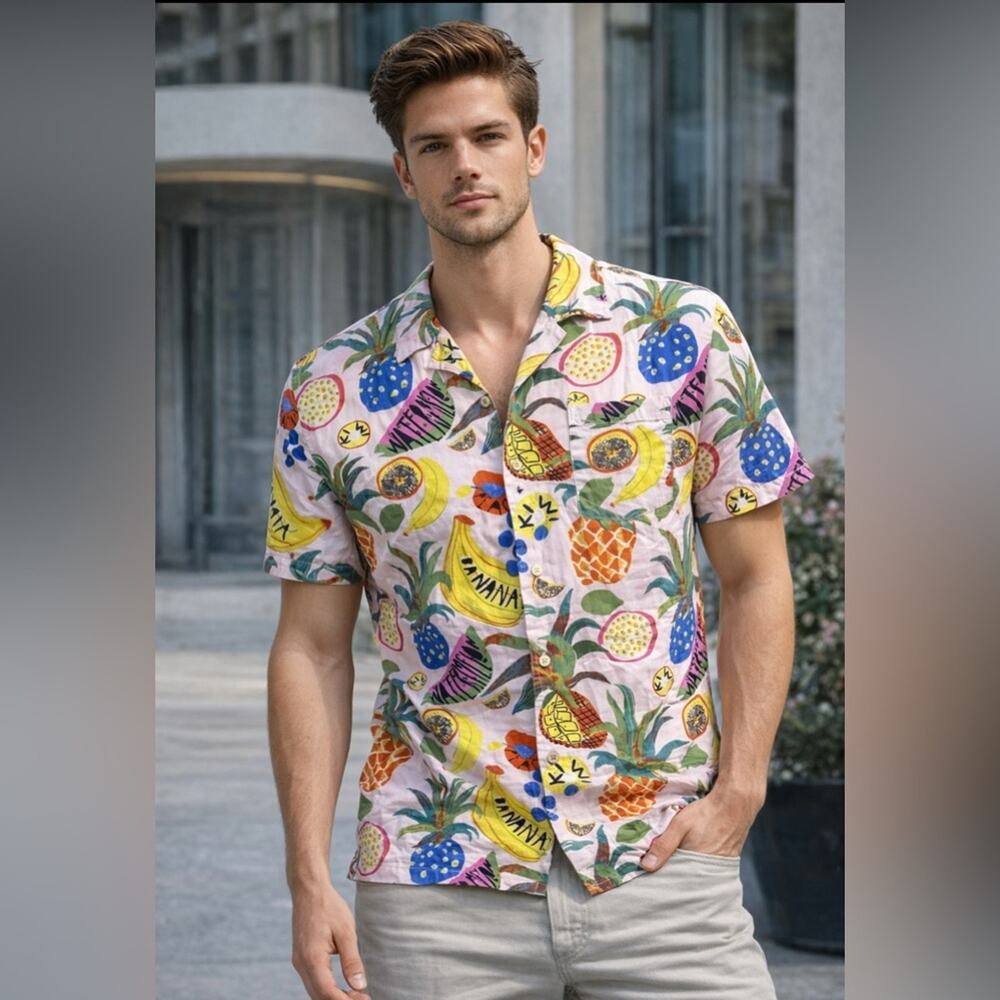 Soul Star Tropical Fruit Print Button Up Shirt Pink Pineapple Banana Size Medium